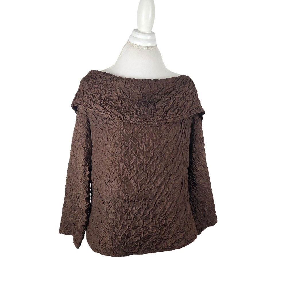 Vtg Silk Crinkle Textured Brown Long Sleeve Top Sizeโ L Off Shoulder Old Money